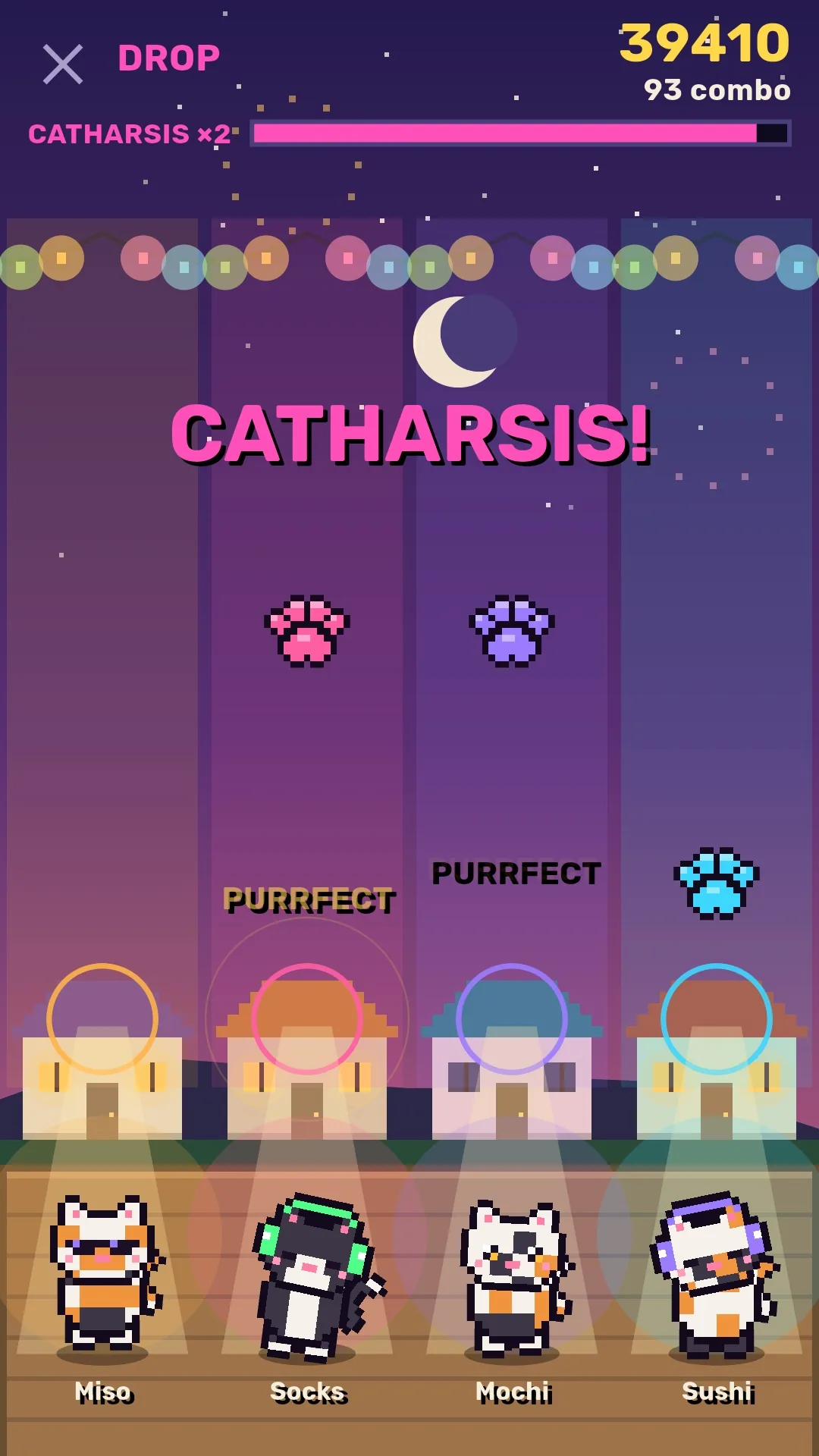 A Dance CATharsis gig. Four cats play drums, bass, keys and lead in four lanes, paw notes fall toward the rings, and Catharsis doubles the score.
