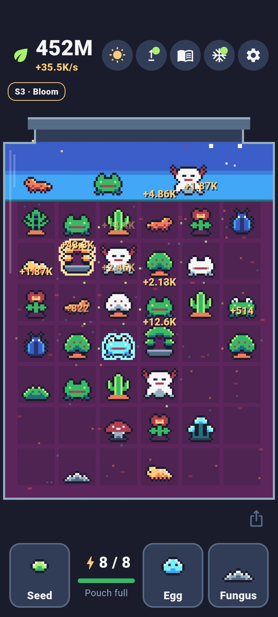 The jar. A grid of merged creatures during a bloom season, with seeds, eggs, and fungus ready to place.