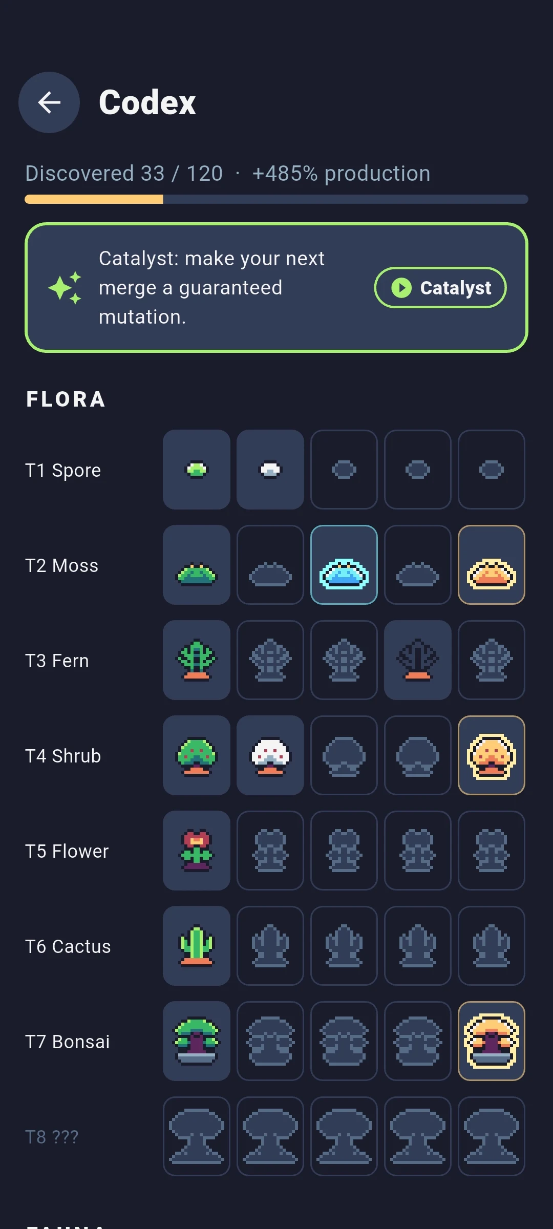 The jar codex. Discovered flora across tiers, and a catalyst that makes the next merge mutate.