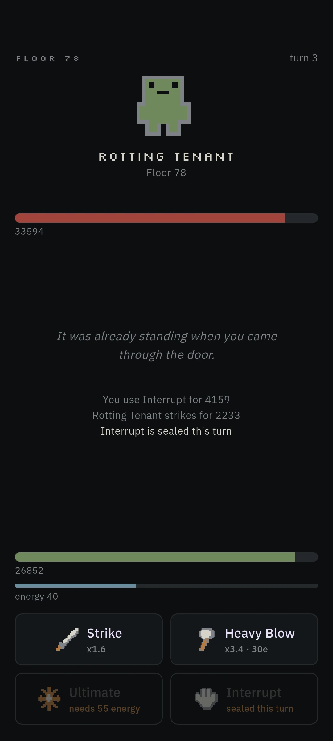 A turn-based fight in The Tower. Floor 78, a Rotting Tenant, with Strike, Heavy Blow, Ultimate, and Interrupt.