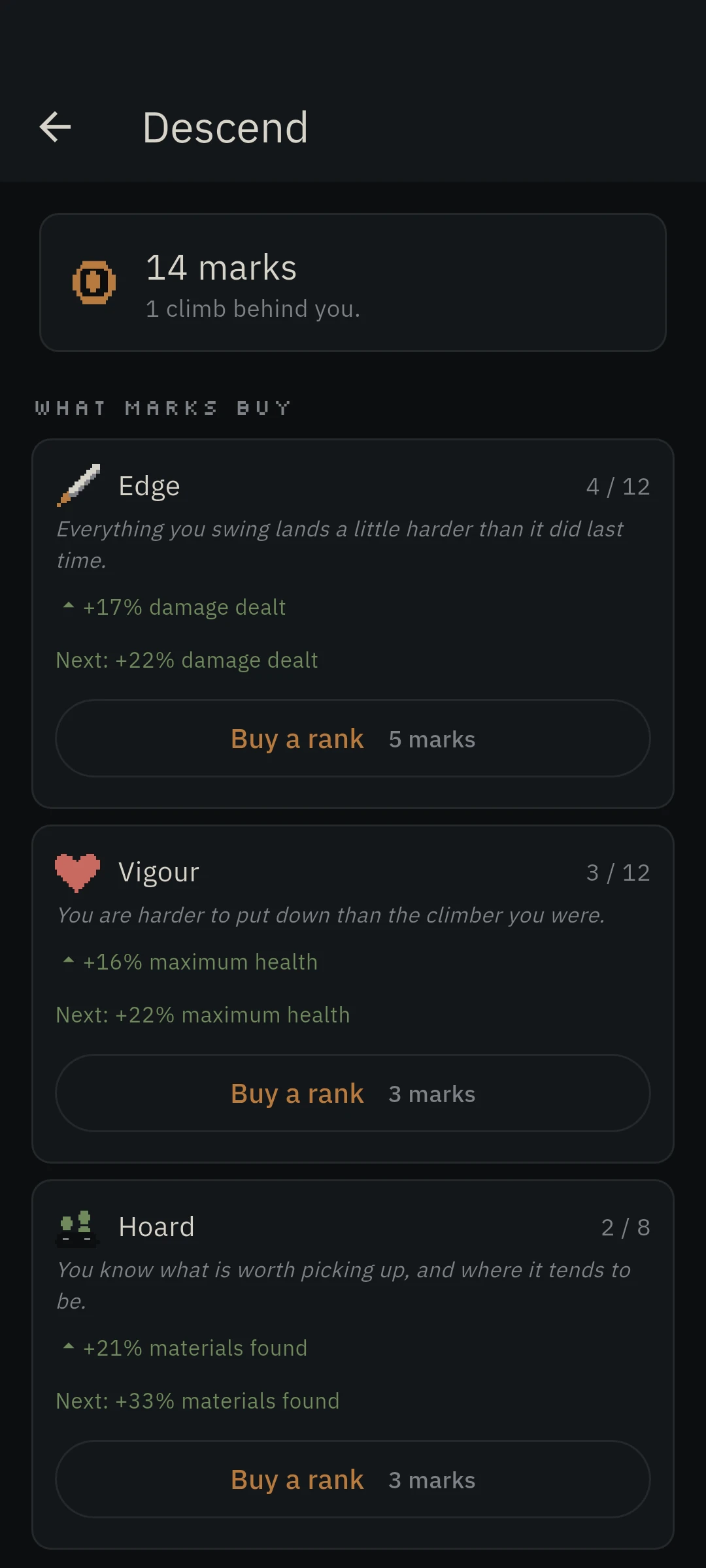 The Tower descend screen. Fourteen marks, and ranks for Edge, Vigour, and Hoard that can be bought.