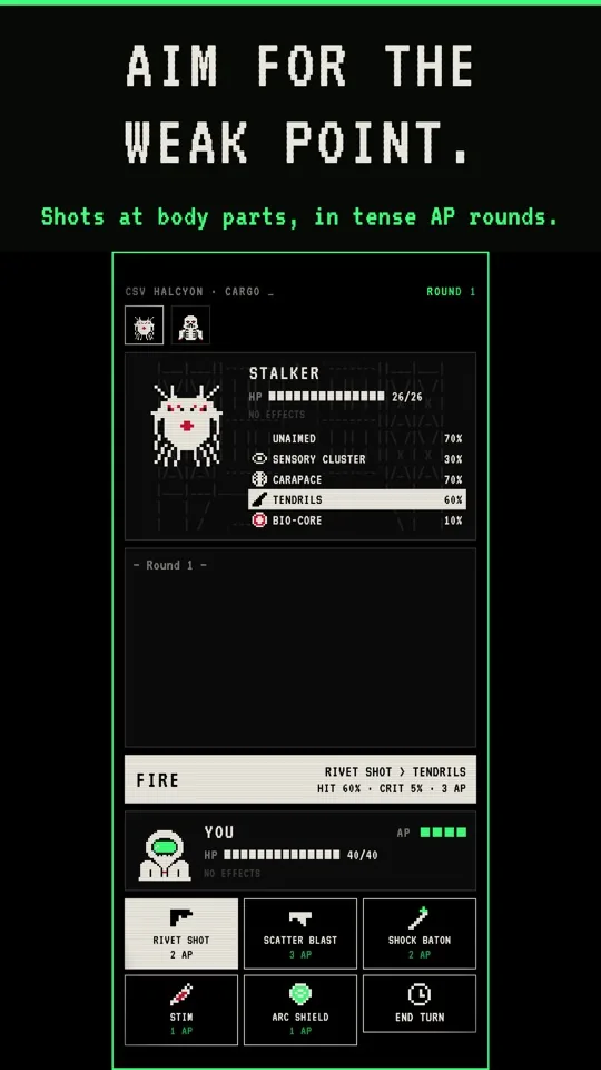 A fight with a Stalker, with a hit chance for each body part.